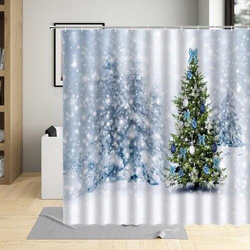 Winter Snow Scene Christmas Pine Trees Scenery Shower Curtain Snowman Snowflakes Scenery Bathroom Curtains Washable Fabric Sets