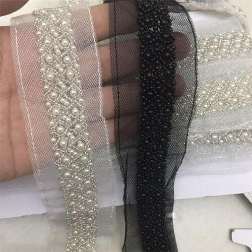 0.5M Vintage Costume Dress Sewing Supplies Craft Black White Pearl Beads Embroidered Lace Trim Mesh Ribbon DIY Material