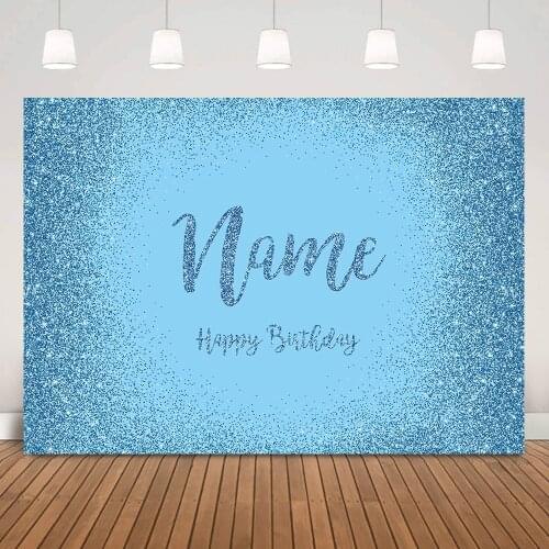 Glitter Blue Happy Birthday Backdrop Adult Newborn Kids Custom Silver Birthday Photo Background Party Banner Decoration Props