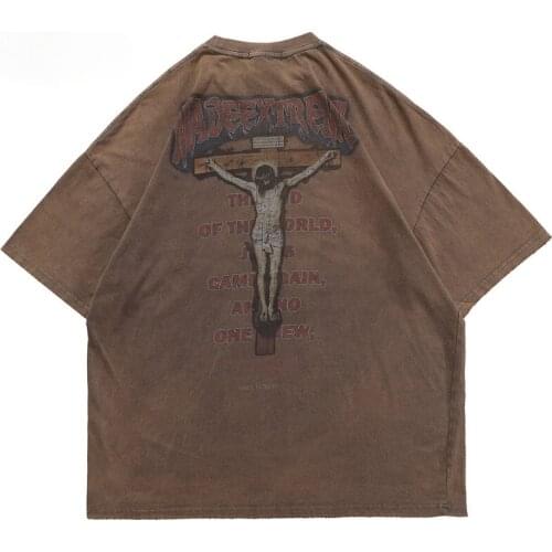 Mens Tee Shirts Ancient Culture Letter Print Distressed T Shirt Men Loose Retro High Street Hip Hop Streetwear Summer