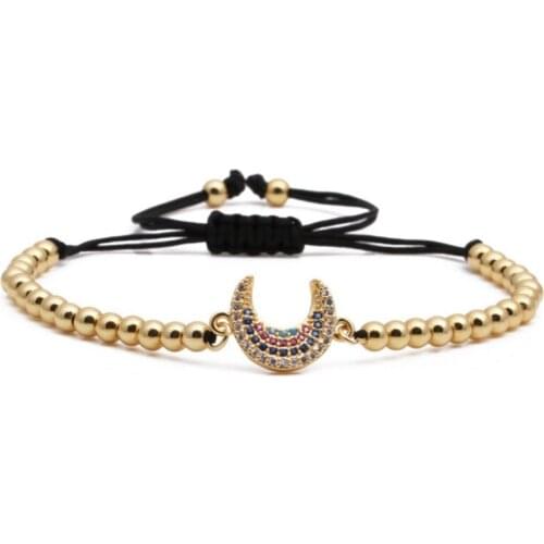 FYJS Unique Light Yellow Gold Color Crescent Moon with Cubic Zirconia Metal Ball Beads Elastic Bracelet Classic Jewelry
