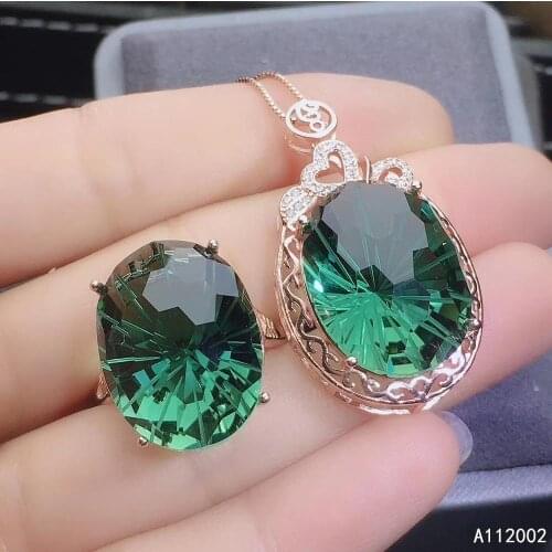 KJJEAXCMY fine jewelry Green crystal 925 sterling silver women gemstone pendant necklace chain ring set luxury