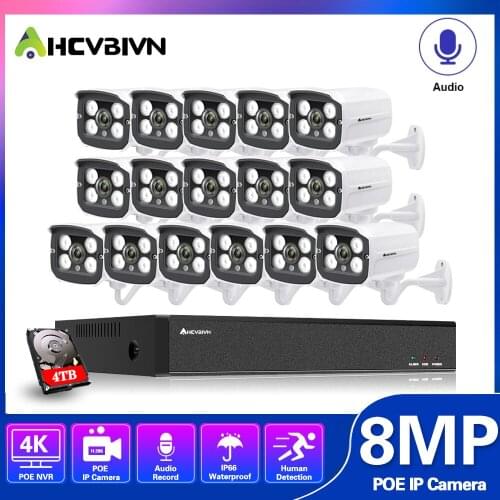 8MP POE Bullet Camera System Set 16CH NVR Kit 4K Outdoor Waterproof Audio CCTV Security Surveillance Camera System Kit HDD