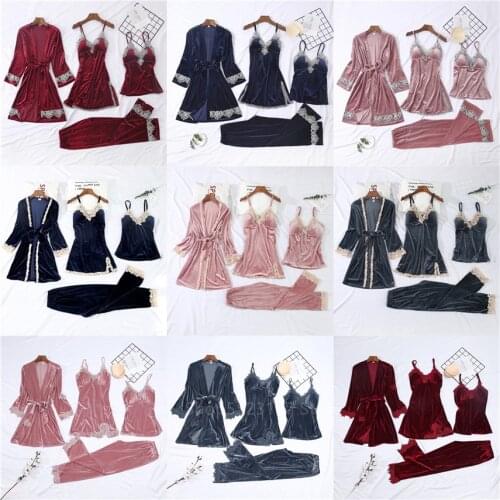 12Style 4pcs Women Pajamas Sets Winter Thicken Warm Velvet Embroidery Lace Home Wear Robes Clothing with Chest Pads Sleepwear