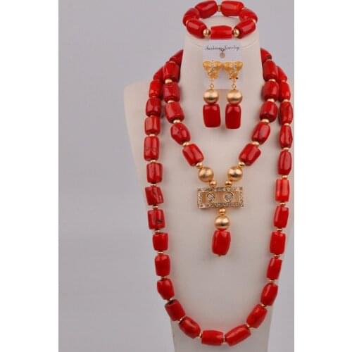 Fashion Red Coral Necklace Nigerian Wedding Beads African Jewelry Set for Women 11-B02