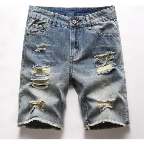 2021 Summer New Men Fashion Blue Jeans Shorts Korean Mens Straight Large Size Knee Length Holed Denim Pants