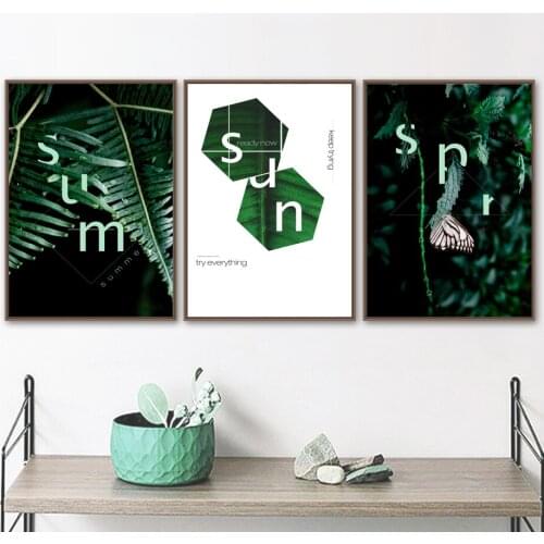Wall Art Canvas Painting Geometric Fresh Green Leaf Butterfly Nordic Posters And Prints Wall Pictures For Living Room