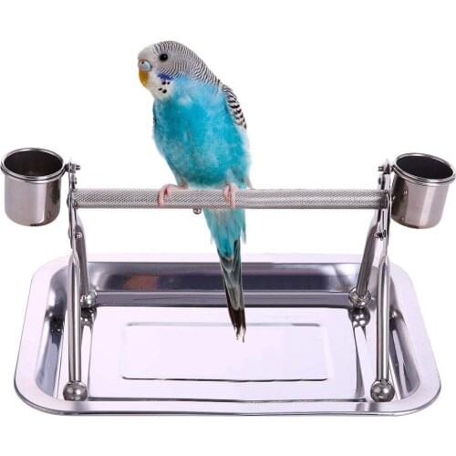 Bird Tabletop Perch Stand Stainless Steel Play Gym Playstand with Cups and Tray for Budgie Parakeet Cockatiel Conure