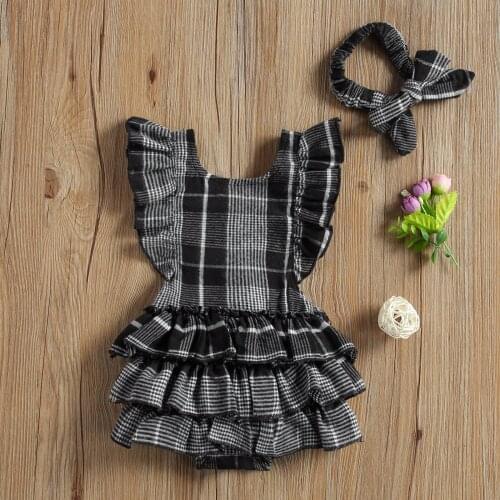 0-3Y Baby Girl Fresh Fly Sleeve Jumpsuits Fashion Summer Plaid Ruffles Back Bandage Romper and Headband 2pcs Cute Outfits