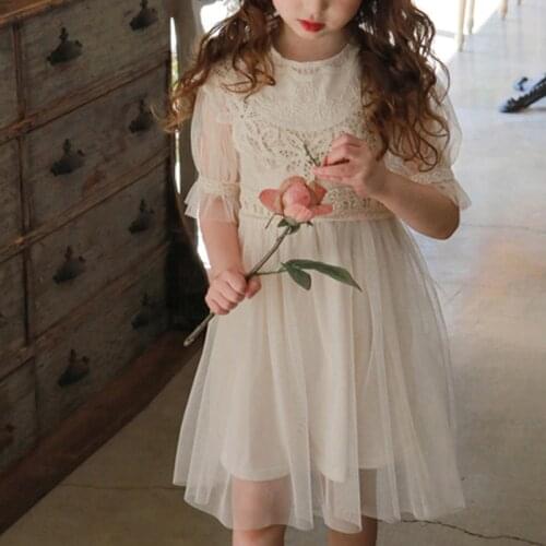 Girl Dresses Pink Beige Embroidery Flowers Mesh Half Sleeve Cute Dress Girls Tulle Princess Dress For Kids Children Lace Clothes