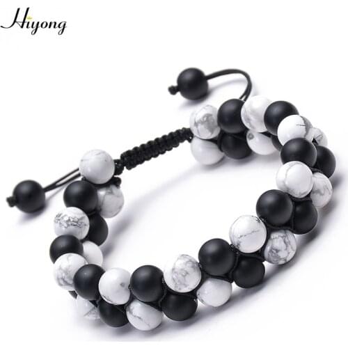Black Onyx and White Howlite Braided Rope Bracelet Adjustable Double Row Natural Stone Beaded Bracelet Distance Couples Bracelet