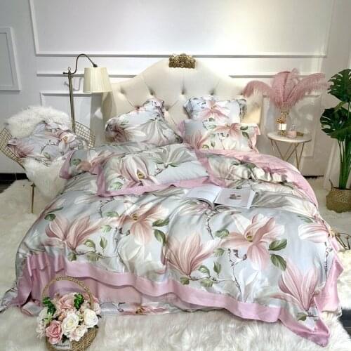 Pink Floral Duvet Quilt Cover Colorful Flower Reversible Tencel Silk Ultra Soft Bedding Set Bed sheet Queen King 4pcs size