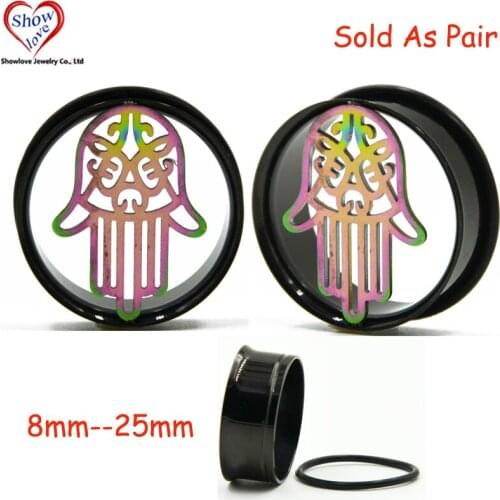 Showlove-PAIR Surgical Steel Single Flared Rainbow Hamse Hand Cutout Ear Plugs Tunnel Gauges Expander Piercing With O-ring