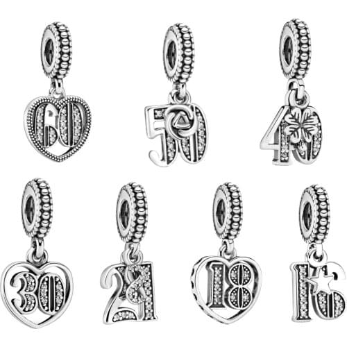 Fits Pandora Bracelet 925 Sterling Silver 16, 18 21, 50 Years of Love Dangle Charm Beads for Jewelry Making Women Gift Kralen