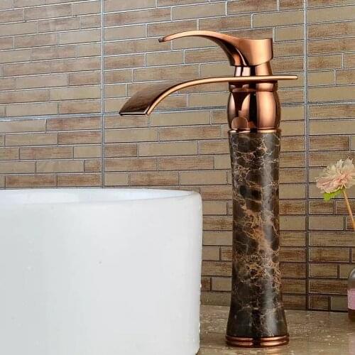 Bathroom Basin Faucets Solid Brass & Jade Sink Mixer Hot & Cold Single Handle Deck Mounted Lavatory Waterfall Taps Rose Gold