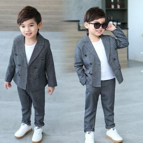 Spring Autumn British Style Childrens Suit Set Boys Handsome Wedding Party Dresses Costume Kids Double Breasted Blazer Pants