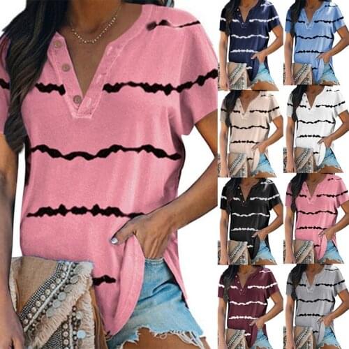 Womens Fashion Casual Striped Print Bat Sleeve V-Neck Button Short Sleeve T-Shirt Top