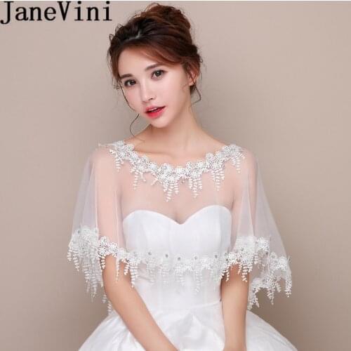 JaneVini 2018 Elegant White Bridal Lace Bolero Beaded Wedding Cape Short Sheer Bride Shrug Women Evening Party Wraps Accessories