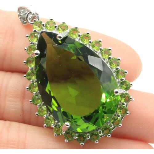 56x34mm Long Big 12g Delicate Fine Cut Created Green Peridot Bright Zircon For Women Silver Pendant Wholesale