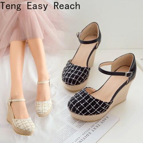 Women Sandals Summer Shoes Platform Wedges Heel Ankle Strap Shoes Bohemia Female Espadrille Sandals black beige Big Size 34-43