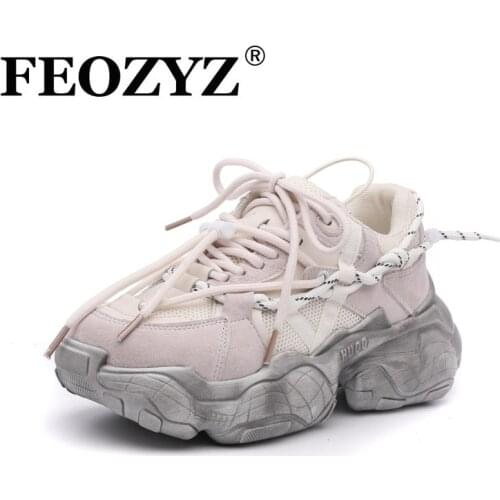 FEOZYZ Womens Thick-soled Running Shoes Cowhide Color Matching Mesh Sport Shoes Height Increase Shoes Woman