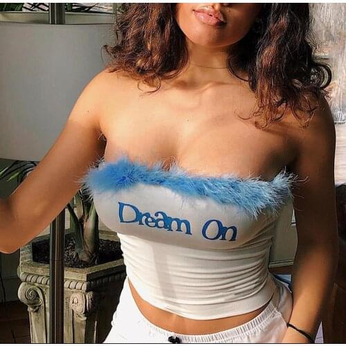 Sexy Rabbit Fur Letter Print Crop Top Women Strapless Off Shoulder Slim Fit Club Party Holiday Casual Fashion Tank Top