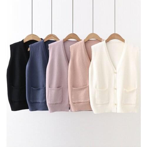 2021 Autumn Winter New Sweater Vest Women Solid Color Casual Loose V-neck Pocket Single Breasted Knit Cardigan Coat Tank Female