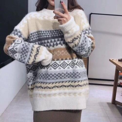 Round neck pullover womens 2020 new Korean style loose outer wear retro Hong Kong-style long-sleeved jacket ins trend