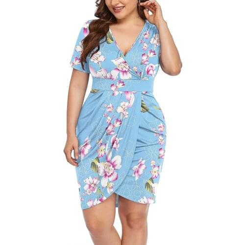 Plus Size Women Dress With Floral Pattern Bodycon Folds Midi Casual Beach Style Irregular Slit V Neck Elegant Party Dresses 2021