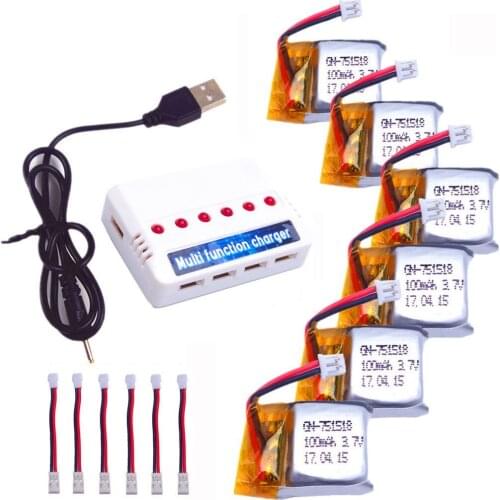 6pcs 3.7V 100mAh Lipo Battery+1to6 Charger+ 6pcs cable For JJRC H1 Mini JJ810 Hubsan Q4 H111 JXD 395 LS112 RC Quadcopter Drone