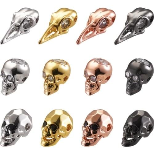12pcs Halloween Skull Head Brass Micro Pave Cubic Zirconia Beads Mixed Color Paracord Beads for Bracelet Jewelry Making Supplies