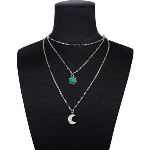 Ancient Silver Color Multi-layered Chain Necklace for Women Inlaid Crystal Natural Stone Pendant Necklace Collares Jewelry