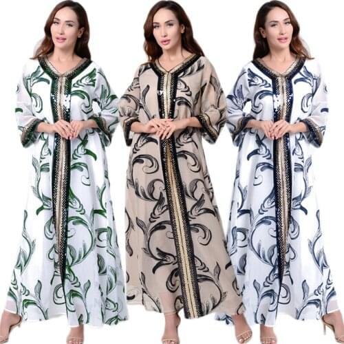 Dubai Muslim Long Dress Embroidery Sequnis Casual Abaya Jilbab Arab Middle East Dubai Kaftan V-neck Spring Autumn Maxi Robe New
