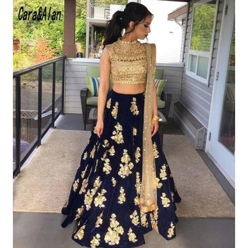 Two Pieces Navy Blue Evening Dresses for Women Party Gold Lace Applique Indian Prom Gowns Robe De Soirée De Mariage