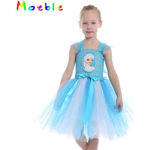 Blue White Princess Girls Elsa Tutu Dress Girl Summer Dresses Kids Party Dresses Cosplay Costume Cartoon Children Ball Gown