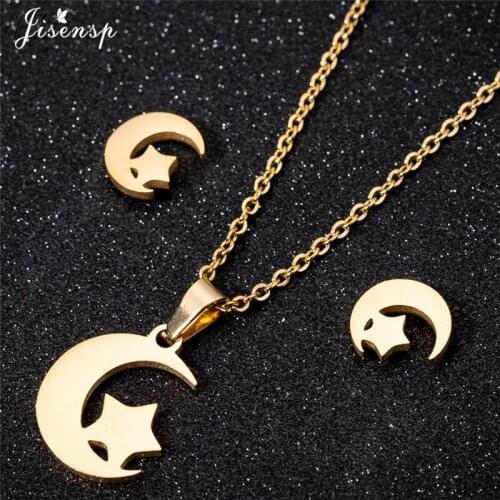 Jisensp Stainless Steel Women Jewelry Set Cute Moon and Star Pendant Necklace Earrings for Women Girls Birthday Gift bijoux