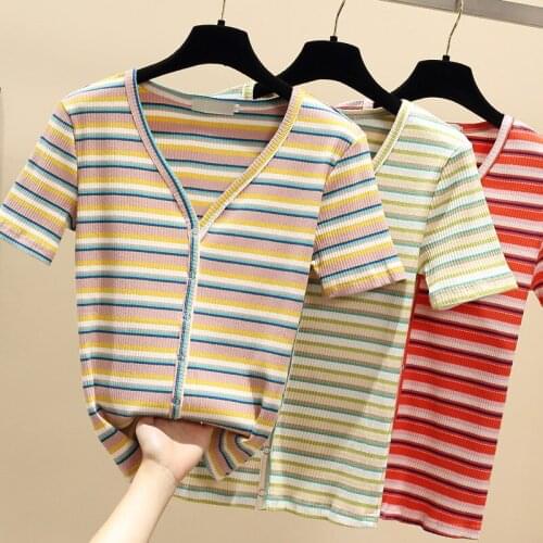 Short Sleeve Knitted Tshirt Women Clothing Summer Tops Woman T-shirt Red Stripe Button Tee Shirt V-Neck Clothes Cotton New 2021
