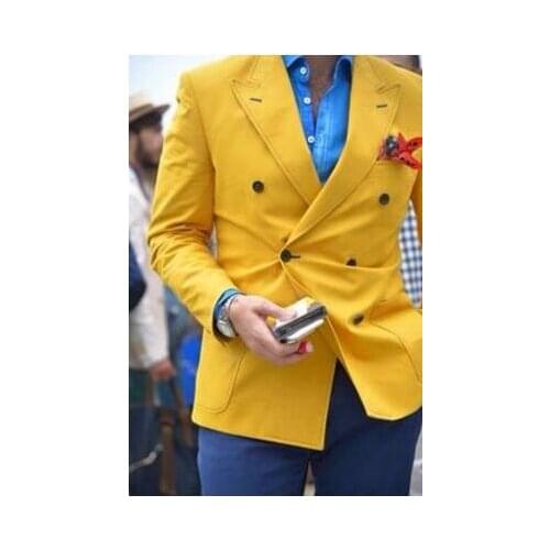 Latest Coat Pant Men Suit Yellow Double Breasted Blazer Casual Style Man 2 Piece Mens Wedding Prom Party Suits(Jacket+Pants)