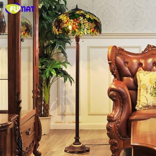 FUMAT American Vintage European Style Stand Floor Lamp Tiffany Stained Glass Grapes Shade Home Decor Living Room LED Floor Light