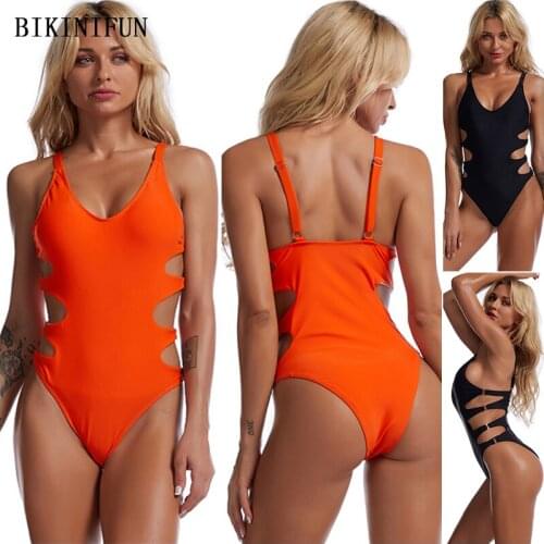 2021 New Solid Color Monokini Women Side Cutout Swimsuit V Neck One Piece Suit S-2XL Girl Plus Size Beachwear Backless Swimwear