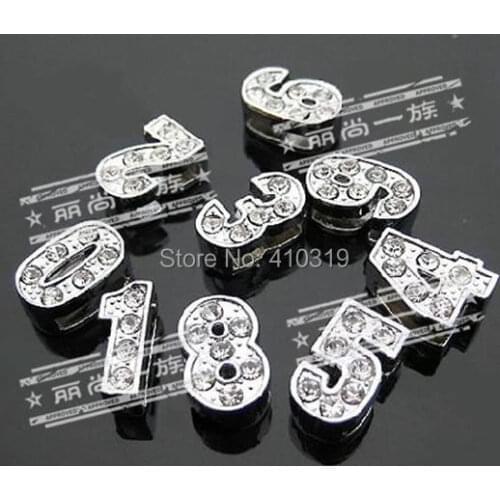 Wholesale 100pcs/lot 8mm 0-9 rhinestones number slide charm fit for 8mm key chain