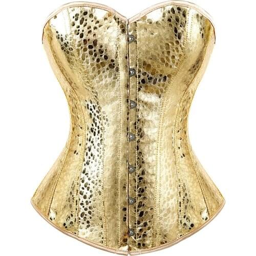 Sexy Faux Leather Boned Lace up Corset Bustier Overbust Showgirl Clubwear Burlesque Costume Steampunk Top Plus Size S-6XL Gold