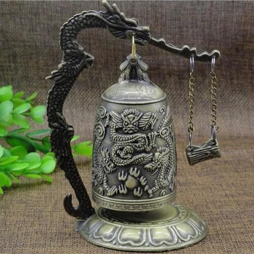 Retro Metal Bell Decor Bronze Lock Carved Dragon Buddhist Clock Good Luck Feng Shui Ornament Home Desktop Decoration Figurines
