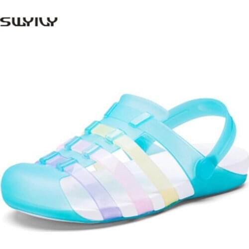 SWYIVY Momen Wading Shoes Breathable Colorful Jello Beach Slippers 2018 Summer Non-slip Female Aqua Shoes Soft Beach Hole Sandal