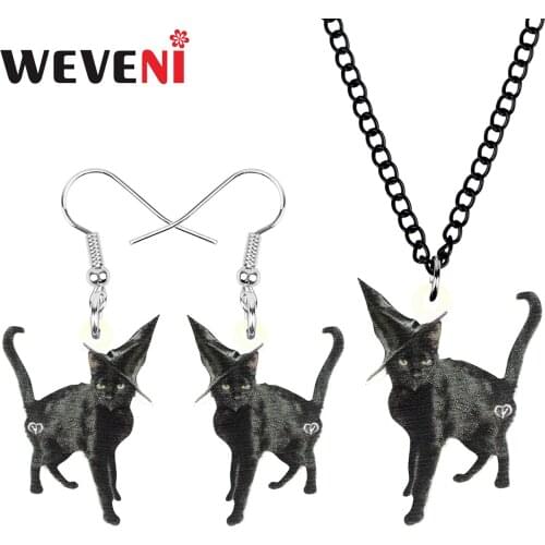 WEVENI Acrylic Halloween Black Cat Jewelry Sets Printing Long Cute Animal Earrings Necklace For Women Teens Kids Festival Gift