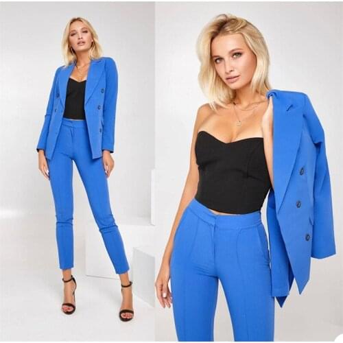 Bright Blue Women Suits 2 Piece Suits For Girl Custom Made Fashion Formal Cotton Lady Office Suits Fit Slim
