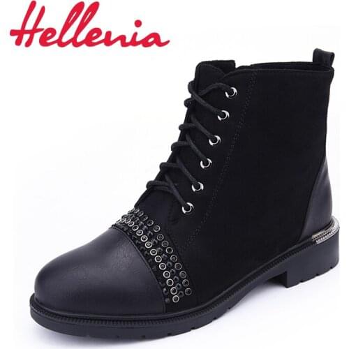 Hellenia Boots Women Ankle Boots Autumn Spring 2018 Fashion Lace-up Martin Boots Black Short Boot Short Plush Square Heel Shoes