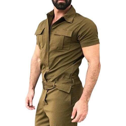 Adisputent Cotton Blends Jumpsuit Mens Overalls Casual Notched Short Sleeve Rompers Solid Overall Zipper Romper Pocket Trousers