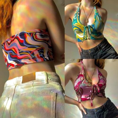Fashion Water Ripple Print Halter Vest Female Wild Summer Front Sexy Drawstring Bandage Backless Slim Fit Stylish Tank Tops