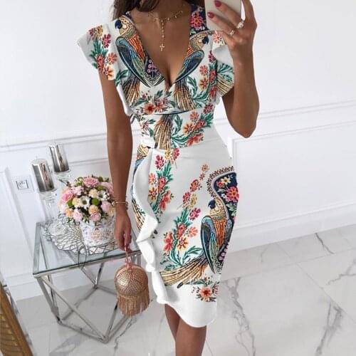 Sexy Deep V-neck Ruffles Bodycon Dress Summer Short Sleeve Slim Pencil Dresses Women 2021 White Floral Print Skinny Robe Femme